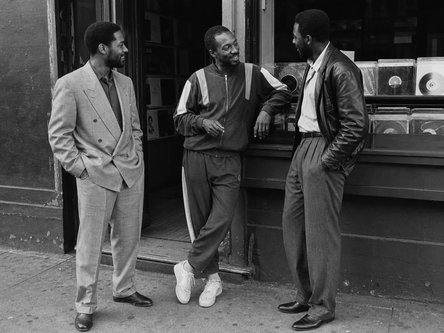 Three Black men in 1980s-inspired double-breasted tailoring, a tracksuit and leather jacket talking outside a record shop