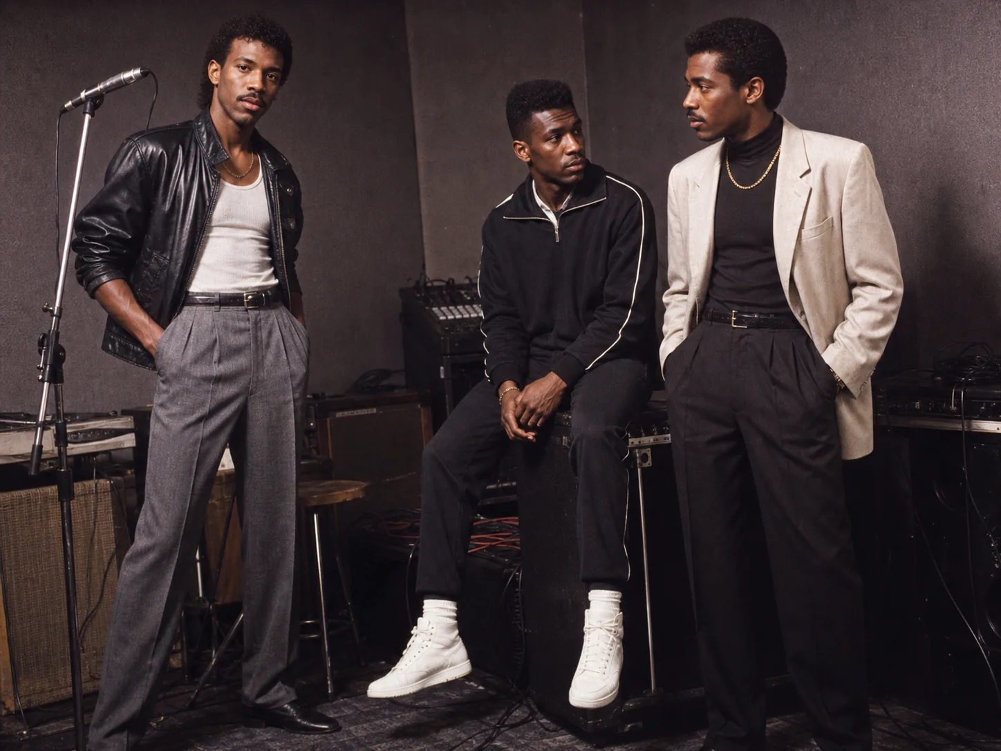 Three Black male musicians in a 1980s rehearsal room wearing a leather jacket, a monochrome tracksuit and a blazer with pleated trousers