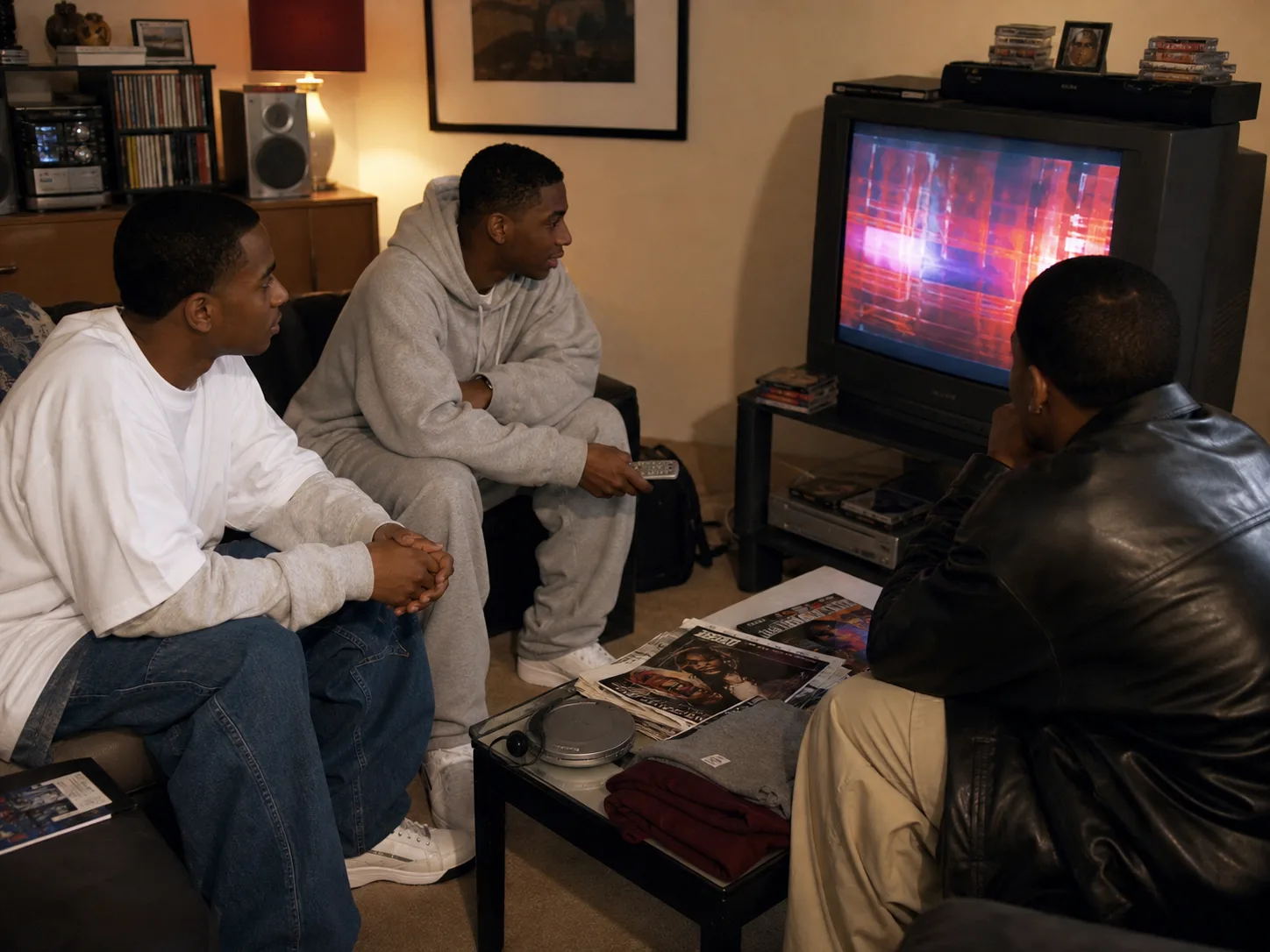 How early-2000s hip-hop fashion circulated through media Three Black men in early-2000s long tee and denim, gray tracksuit and leather watching an abstract music broadcast on a CRT television with magazines and a CD player nearby