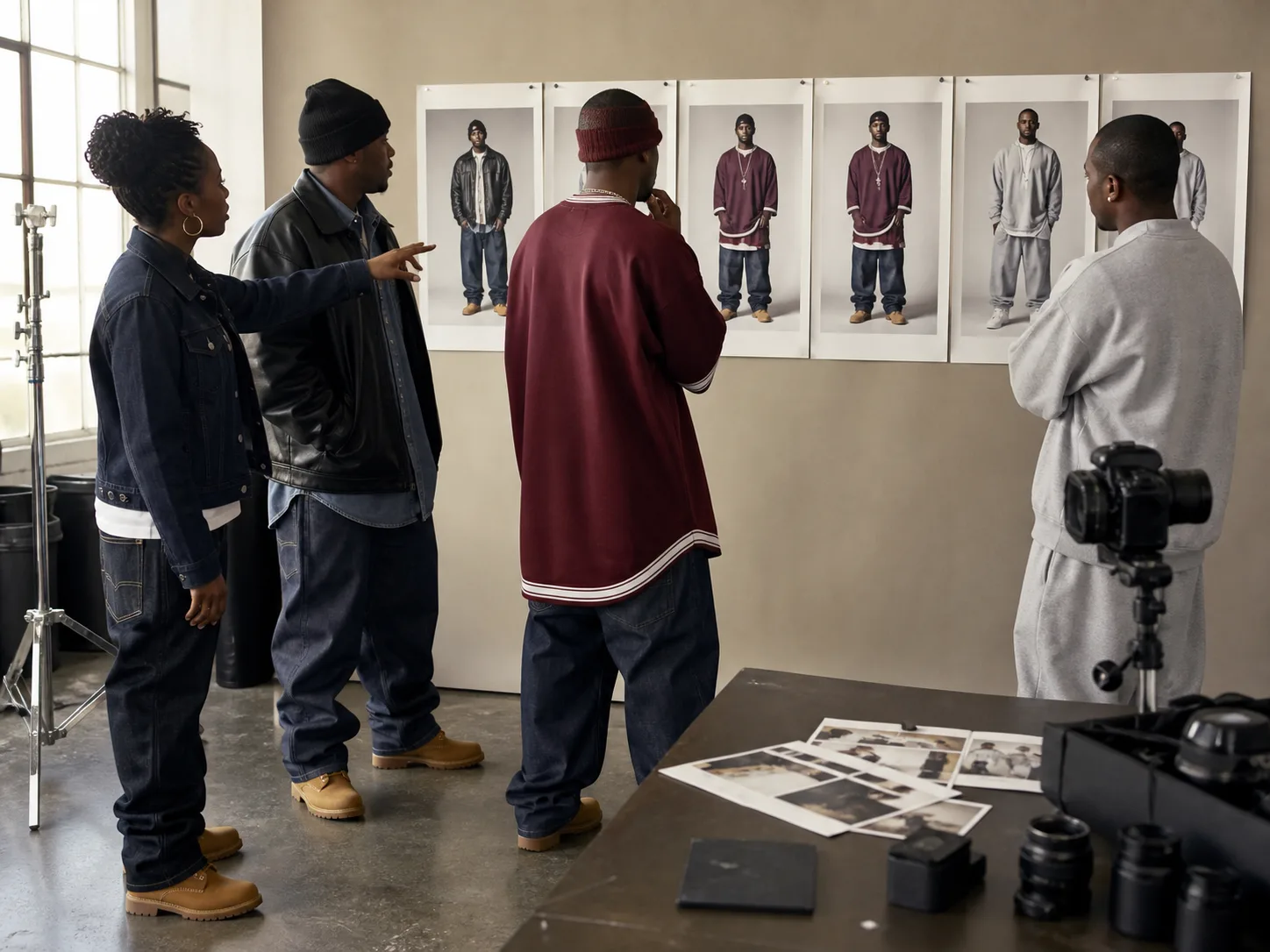 Reviewing 2000s rapper outfit camera tests Black stylist, photographer and three fictional rappers reviewing mid-2000s outfit test photographs for leather, jersey and gray tracksuit looks