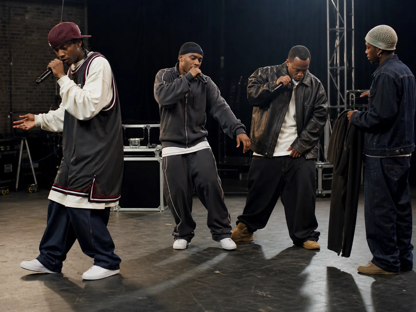 Testing 2000s rapper outfits during stage rehearsal Three fictional Black rappers rehearsing in long layered jersey, charcoal tracksuit and leather with broad trousers while a stylist observes
