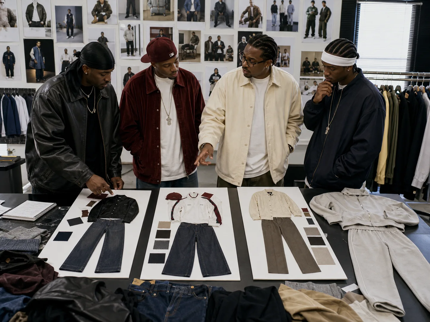 Planning regional early-2000s hip-hop wardrobe directions Black fashion editor and three fictional artists comparing early-2000s leather, sports, relaxed and tracksuit wardrobe directions in a styling room