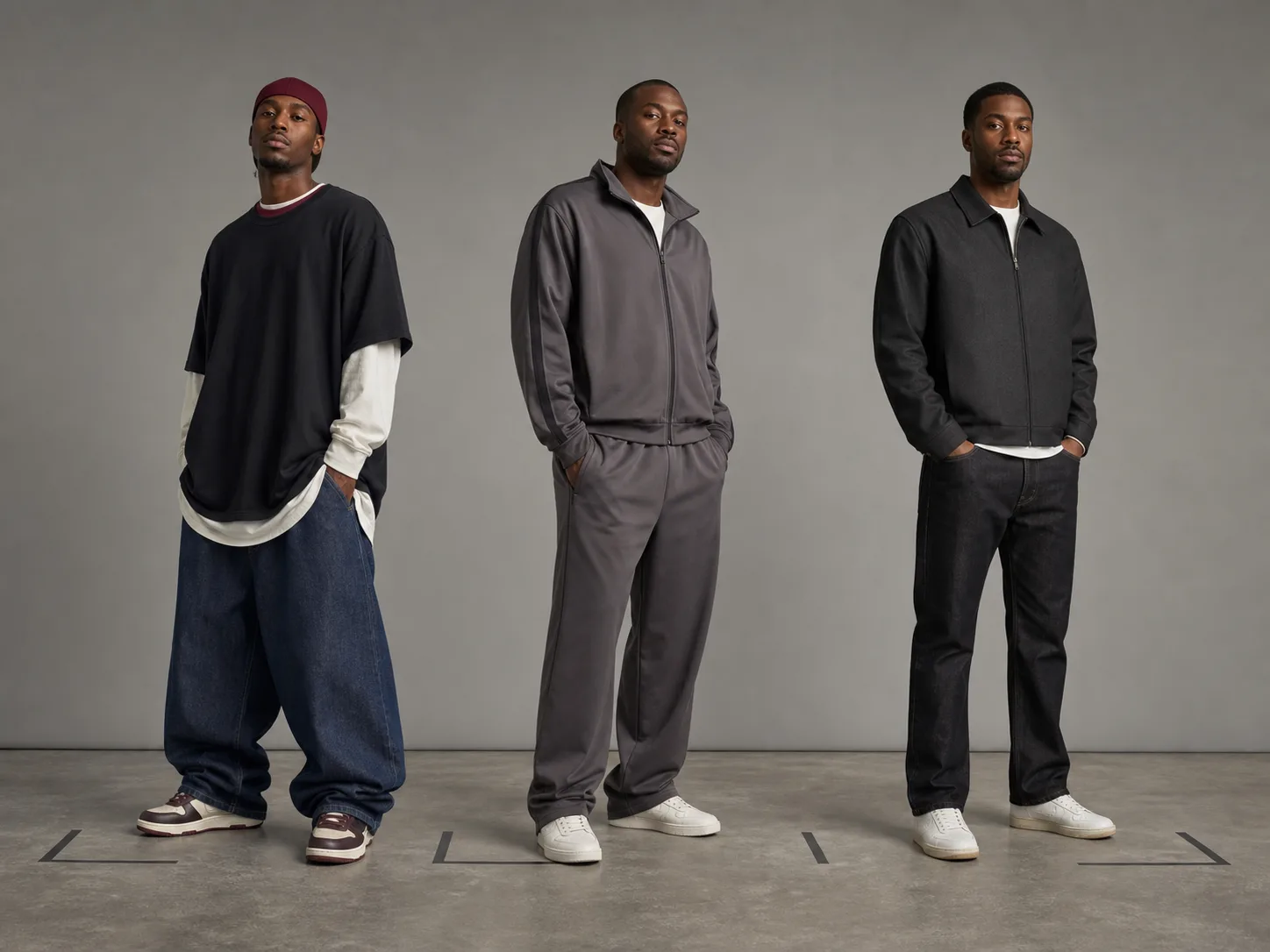 Three Black men comparing early wide layered, mid-decade tonal and late-2000s closer streetwear silhouettes in a gray studio