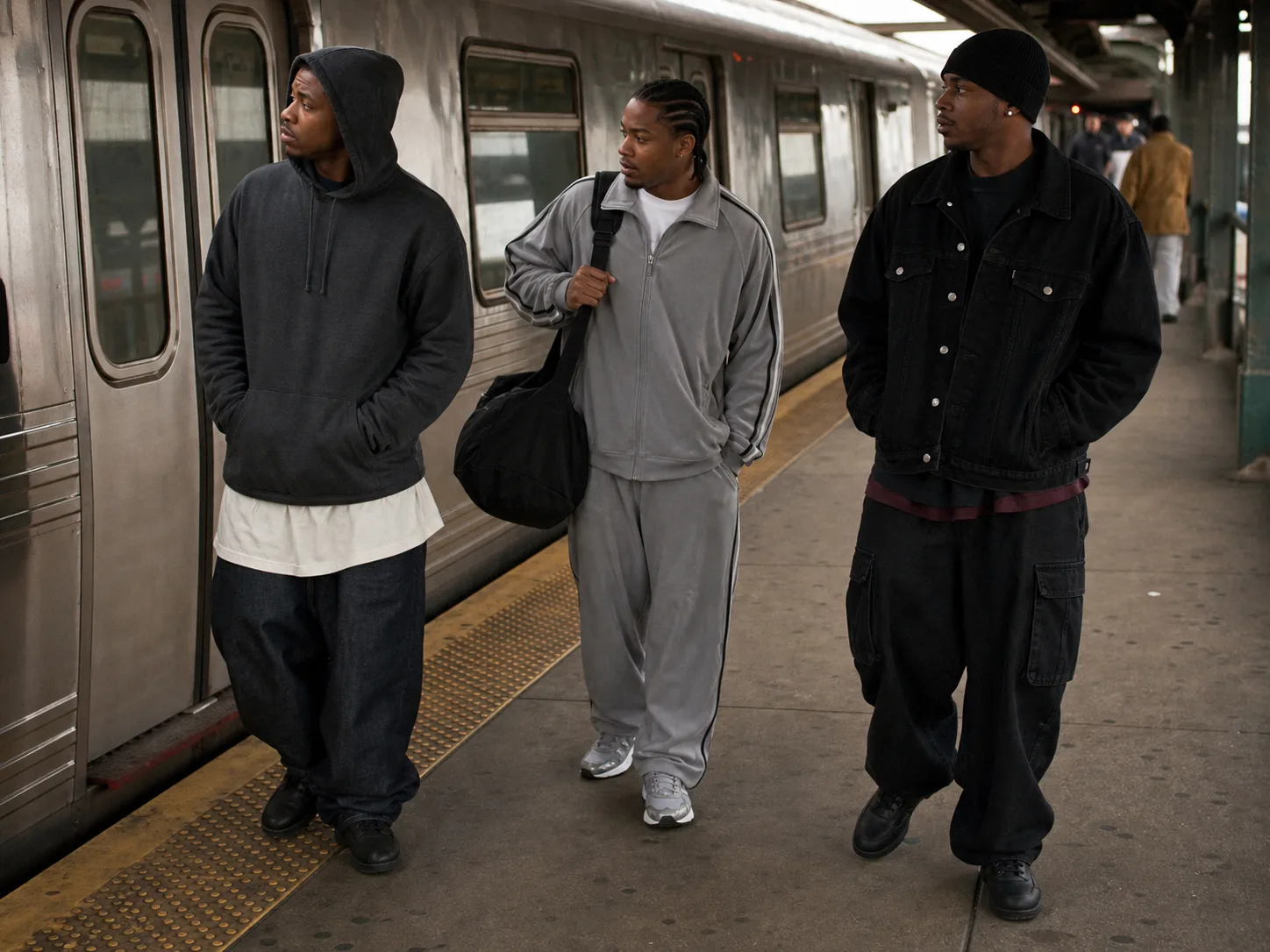 Three Black men commuting in early-2000s-inspired hoodie and wide jeans, gray tracksuit and black denim with cargo pants on a subway platform