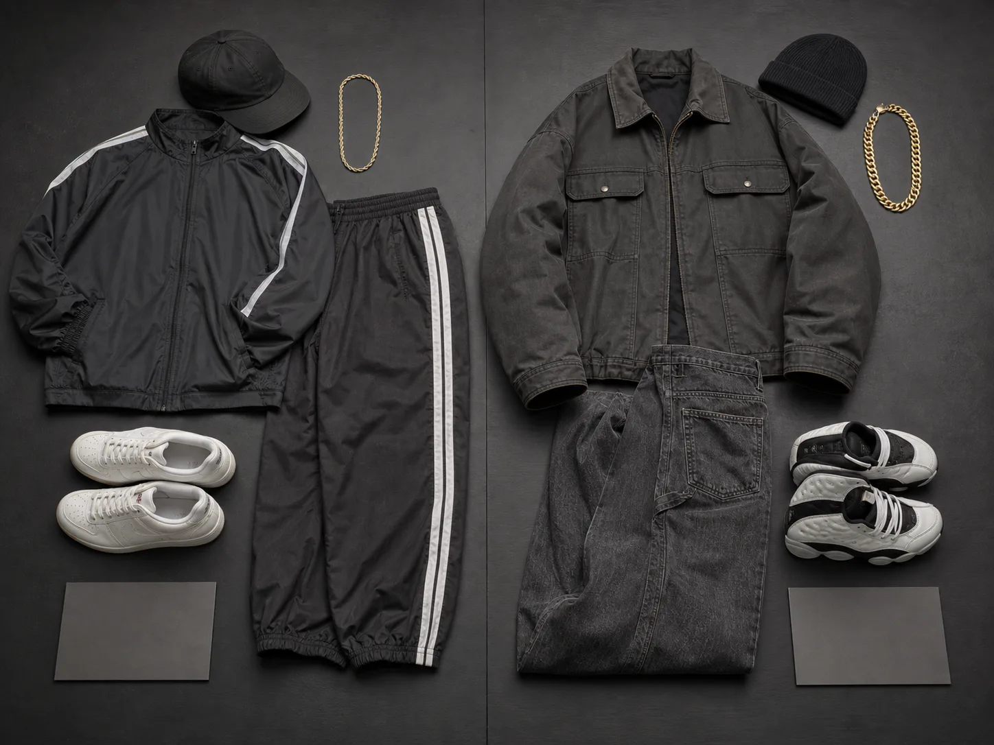 1980s and 1990s hip-hop garment details compared Overhead unbranded comparison of 1980s tracksuit, cap, clean sneaker and modest chain beside 1990s work jacket, wide denim, knit cap, padded shoe and heavier chain