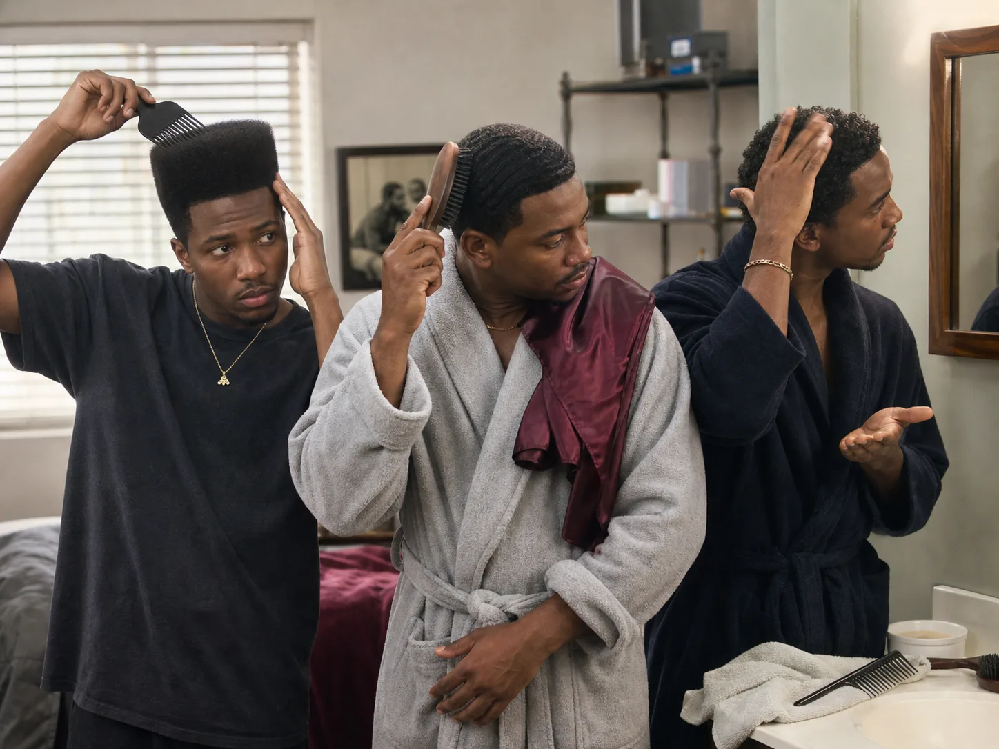 Home care for 1980s-inspired Black men's hairstyles Three Black men maintaining a high-top fade, brushed waves and compact natural curls with a pick, brush and hands at home