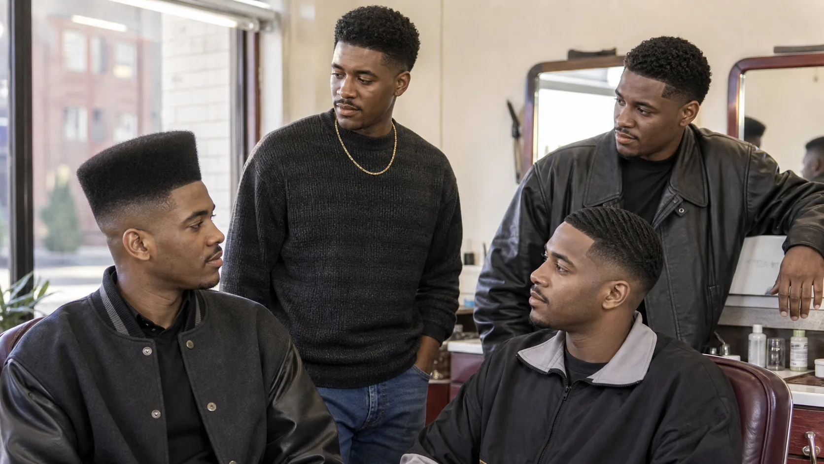 1980s Black men's hairstyle shapes Four Black men in a barbershop showing a shaped high-top fade, tapered short natural, compact curls and neatly brushed waves