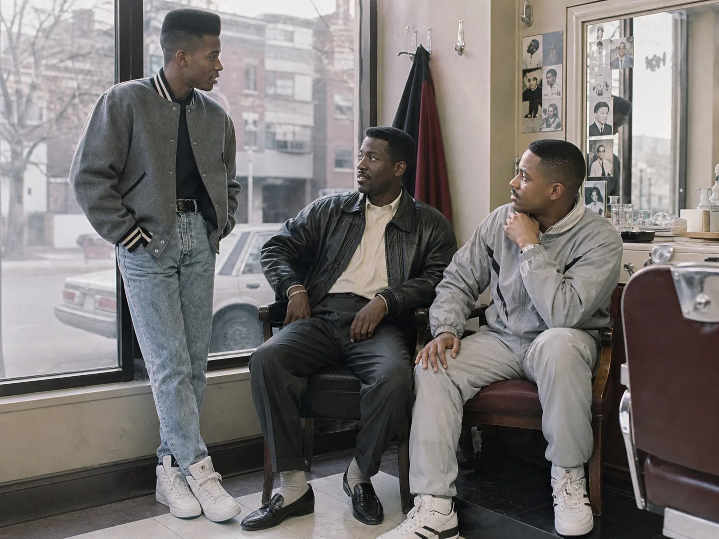1980s Black men's casual clothing and hairstyles Three Black men in a barbershop wearing a gray varsity jacket with denim, black leather with pleated trousers and a tonal gray tracksuit