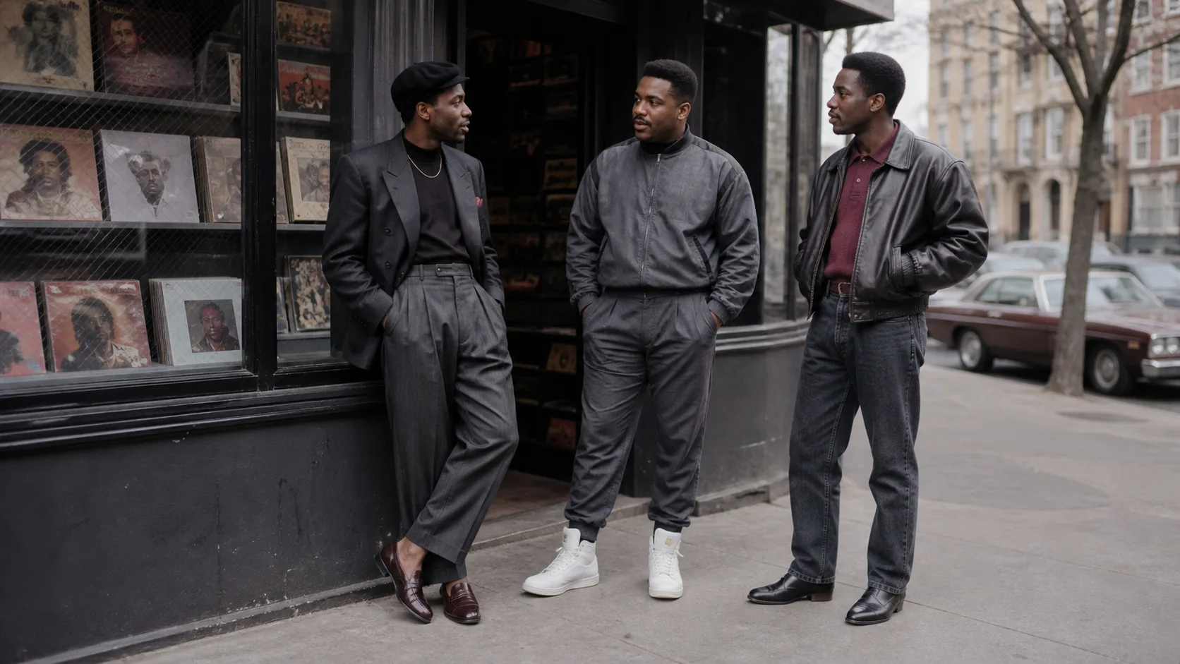 1980s Black men's tailoring, sportswear and leather outfits Three Black men in 1980s-inspired charcoal tailoring, a gray tracksuit and a leather jacket with straight denim outside a record shop
