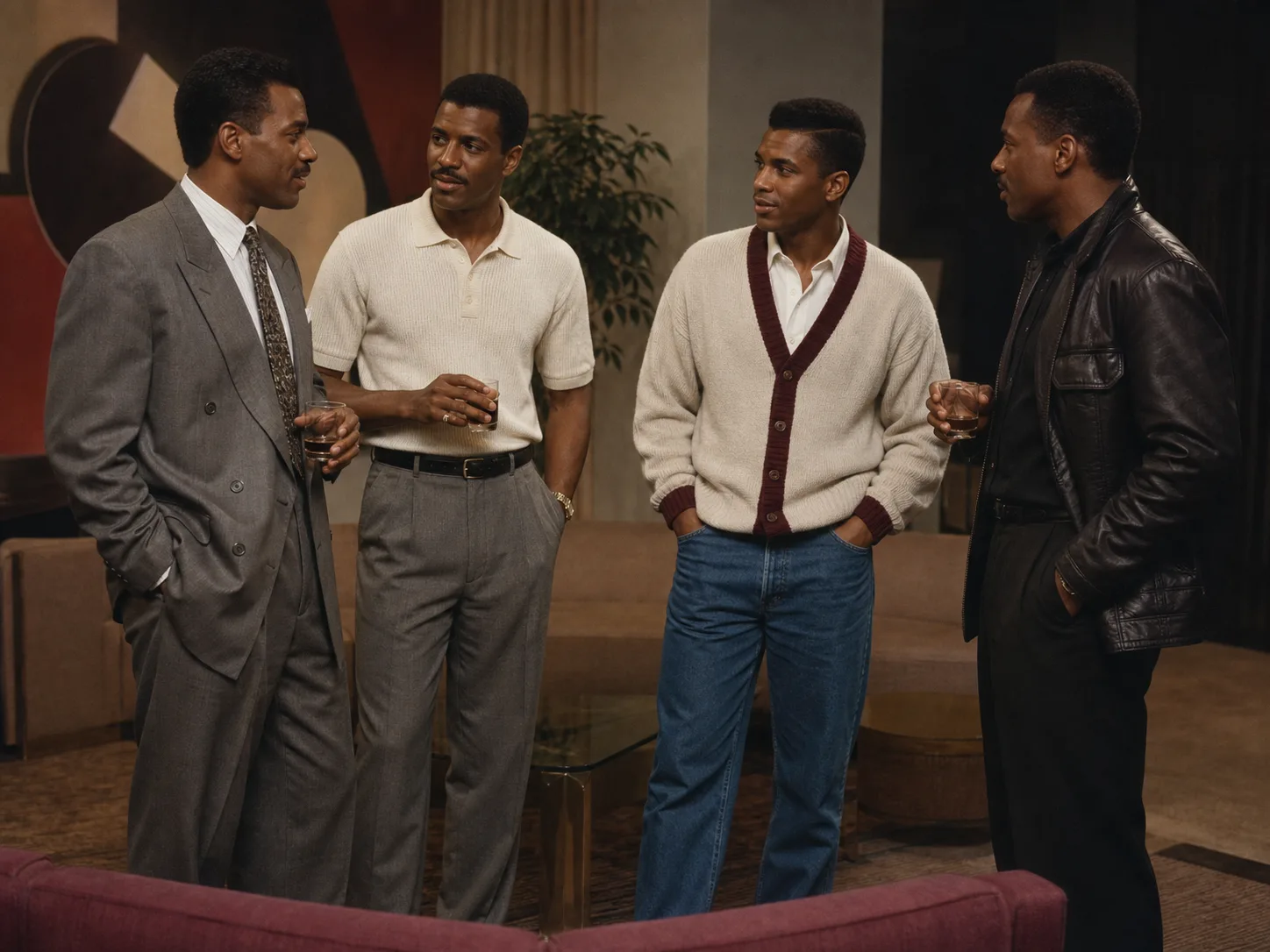 1980s Black men's smart casual and evening fashion Four Black men in late-1980s-inspired gray tailoring, cream knitwear, a cardigan with denim and a black leather jacket at an evening gathering