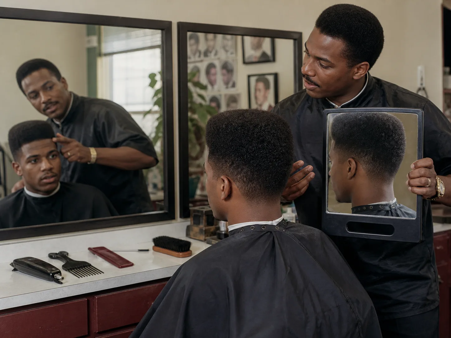 Barber consultation for a tapered high-top fade Black barber using front, wall and hand mirrors to discuss the side and back shape of a tapered high-top haircut with a client