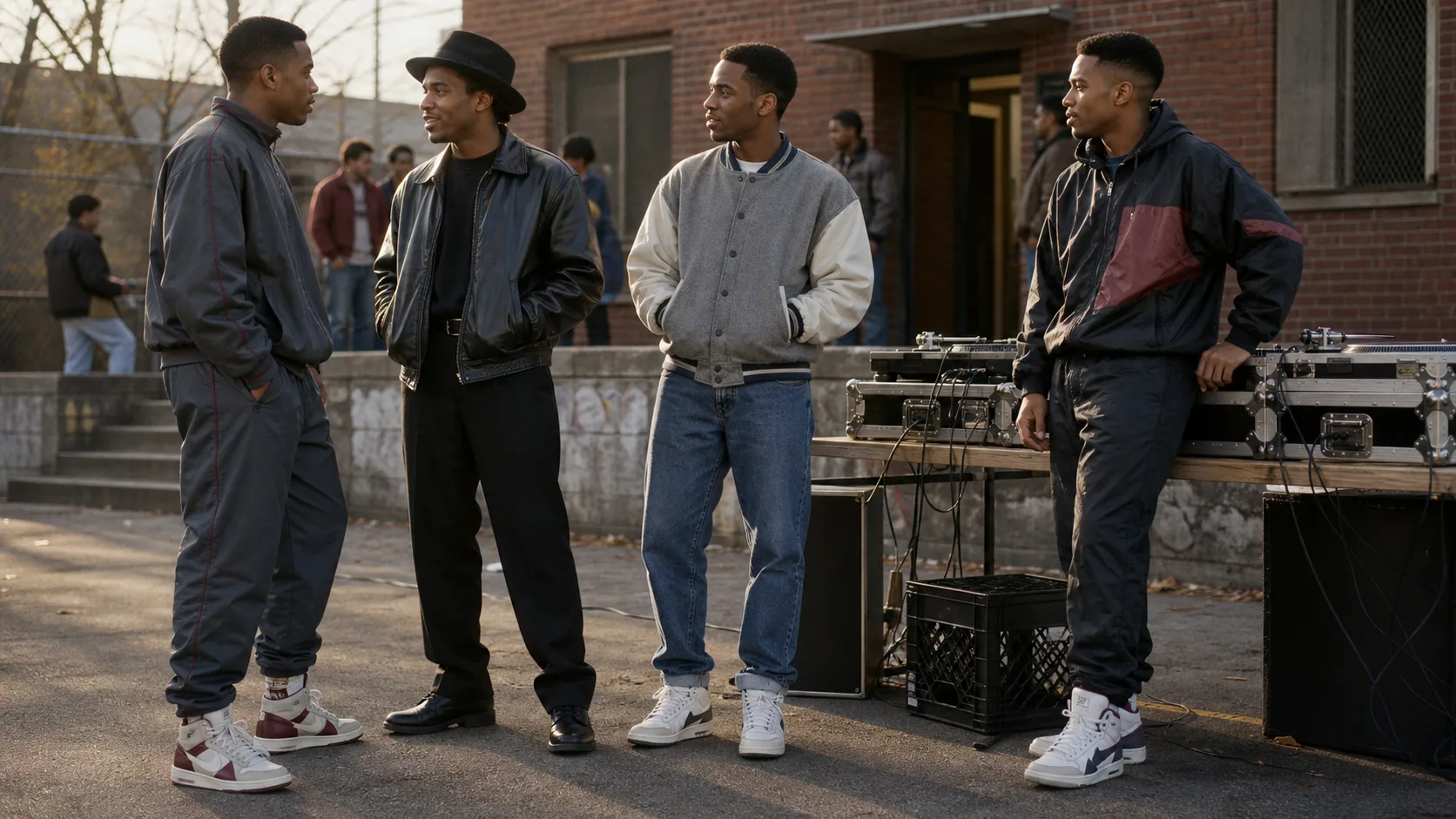 1980s hip-hop fashion community scene Four Black men wearing 1980s-inspired gray tracksuits, black leather, a varsity jacket and technical sportswear beside an outdoor DJ setup