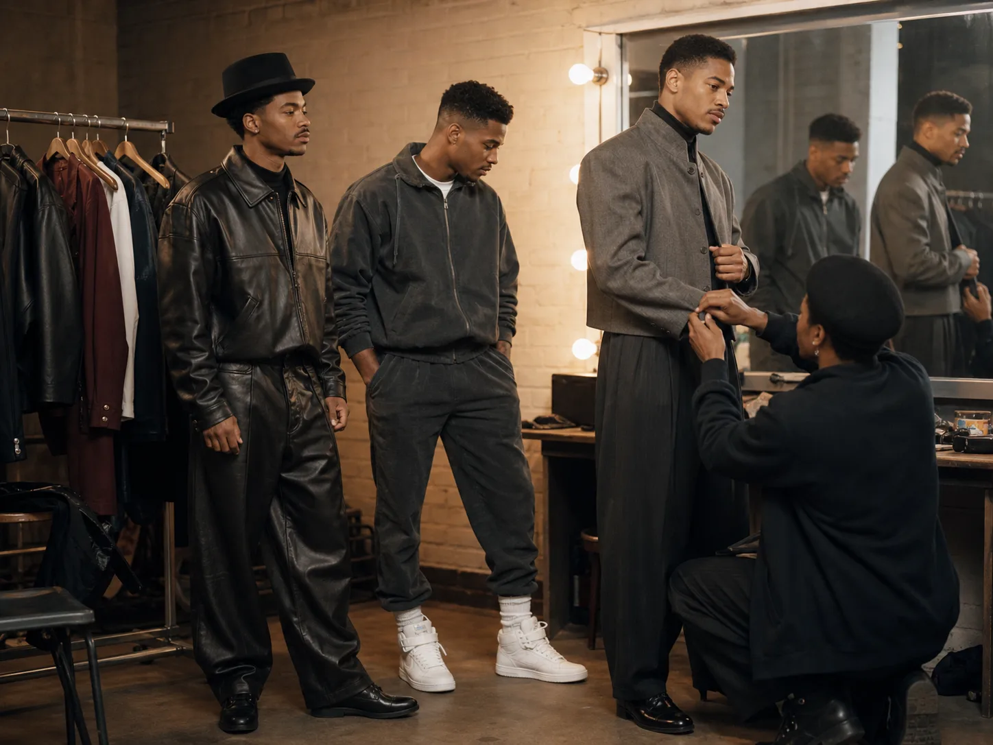 Constructing a late-1980s hip-hop performance wardrobe Three fictional Black hip-hop performers in late-1980s-inspired leather, athletic wear and structured gray tailoring preparing with a stylist backstage