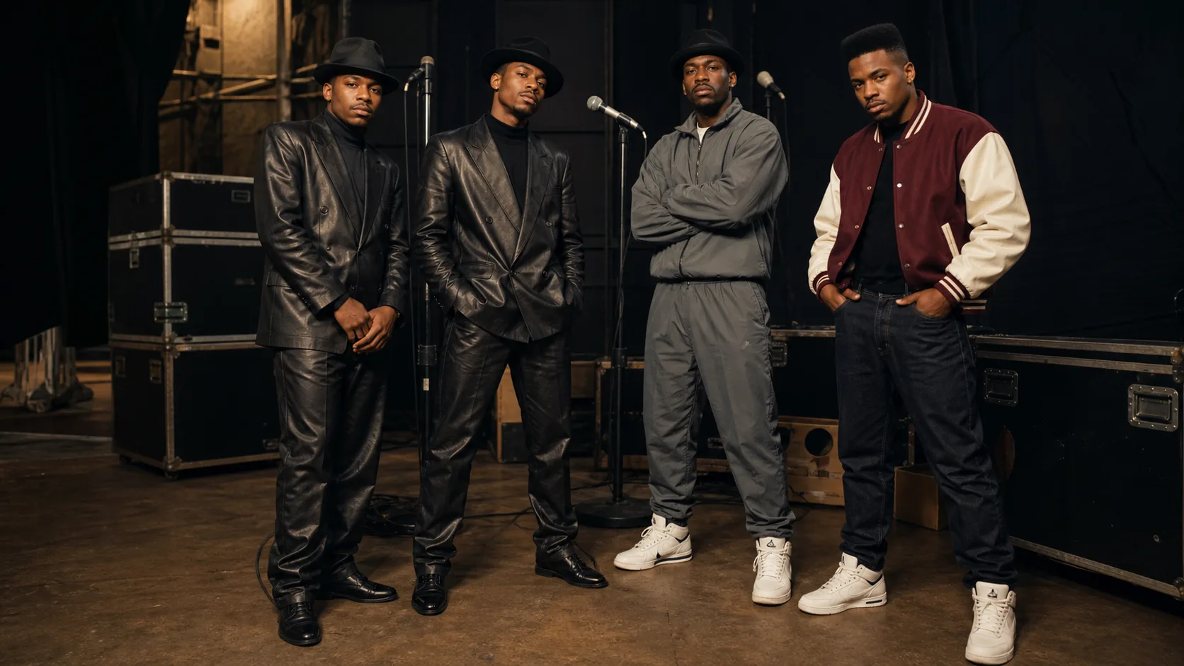 Late-1980s rapper fashion identity systems Four fictional Black rap performers in late-1980s-inspired coordinated leather, a gray tracksuit and varsity style backstage near microphones