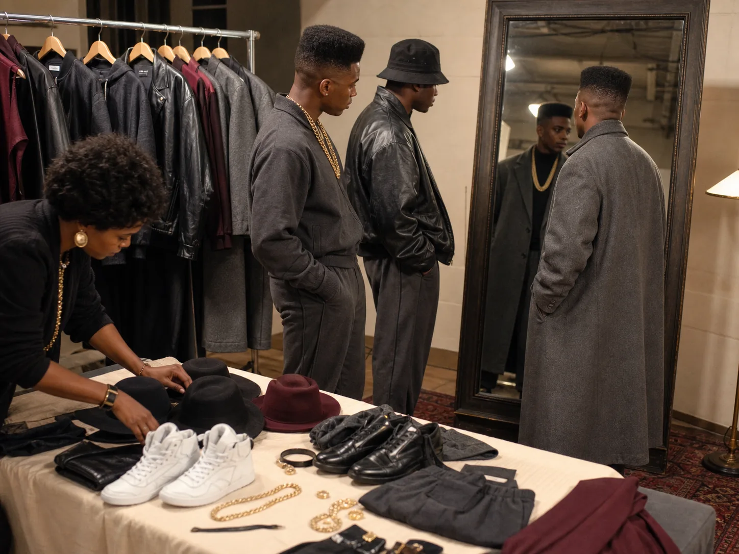 Late-1980s rapper wardrobe fitting and image planning Black wardrobe stylist arranging hats, high-top sneakers, polished shoes and late-1980s-inspired leather and gray clothing while three fictional rappers test outfits