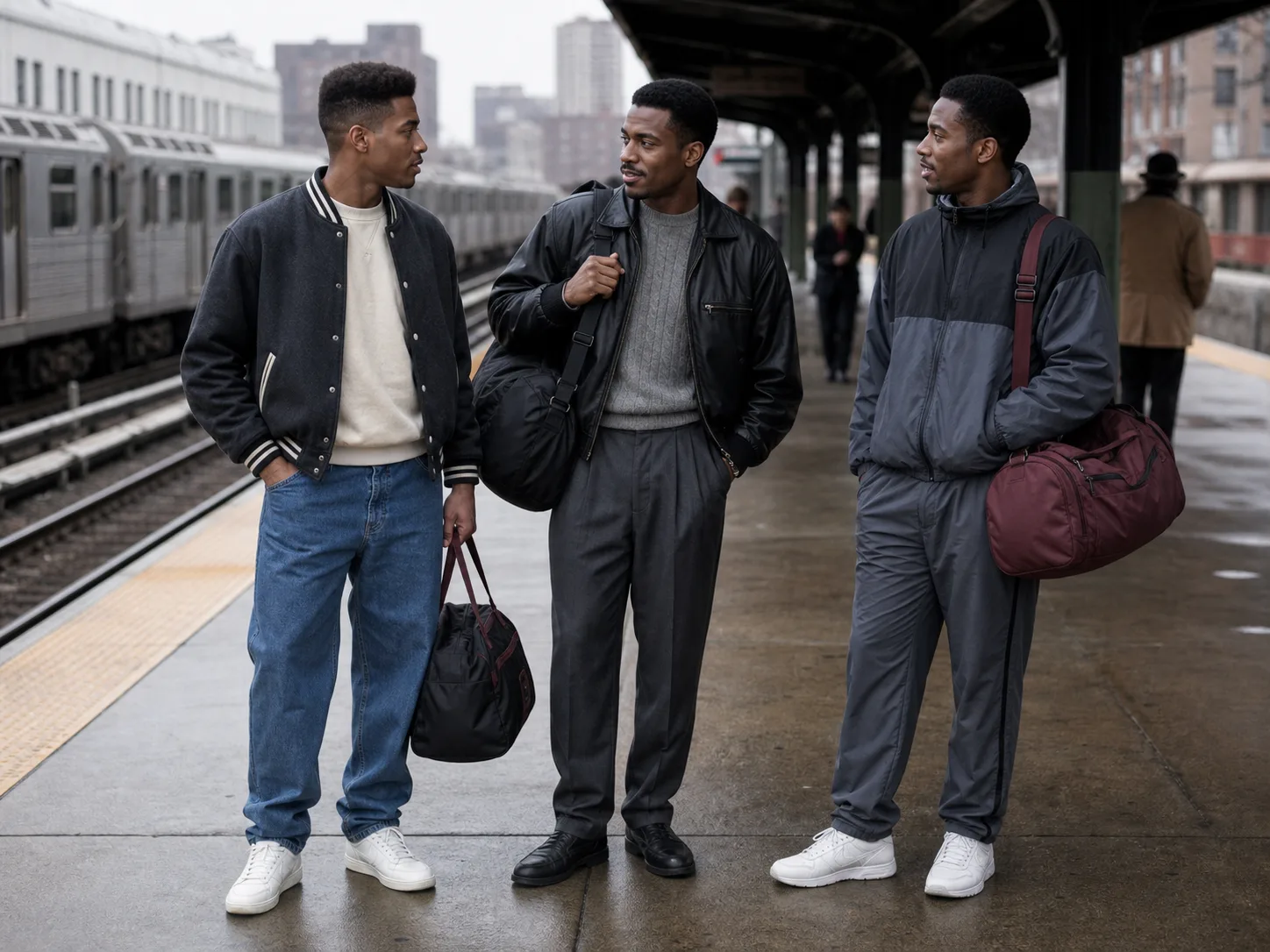 Three Black men in late-1980s-inspired varsity, leather and technical athletic layers carrying gym bags on a city train platform