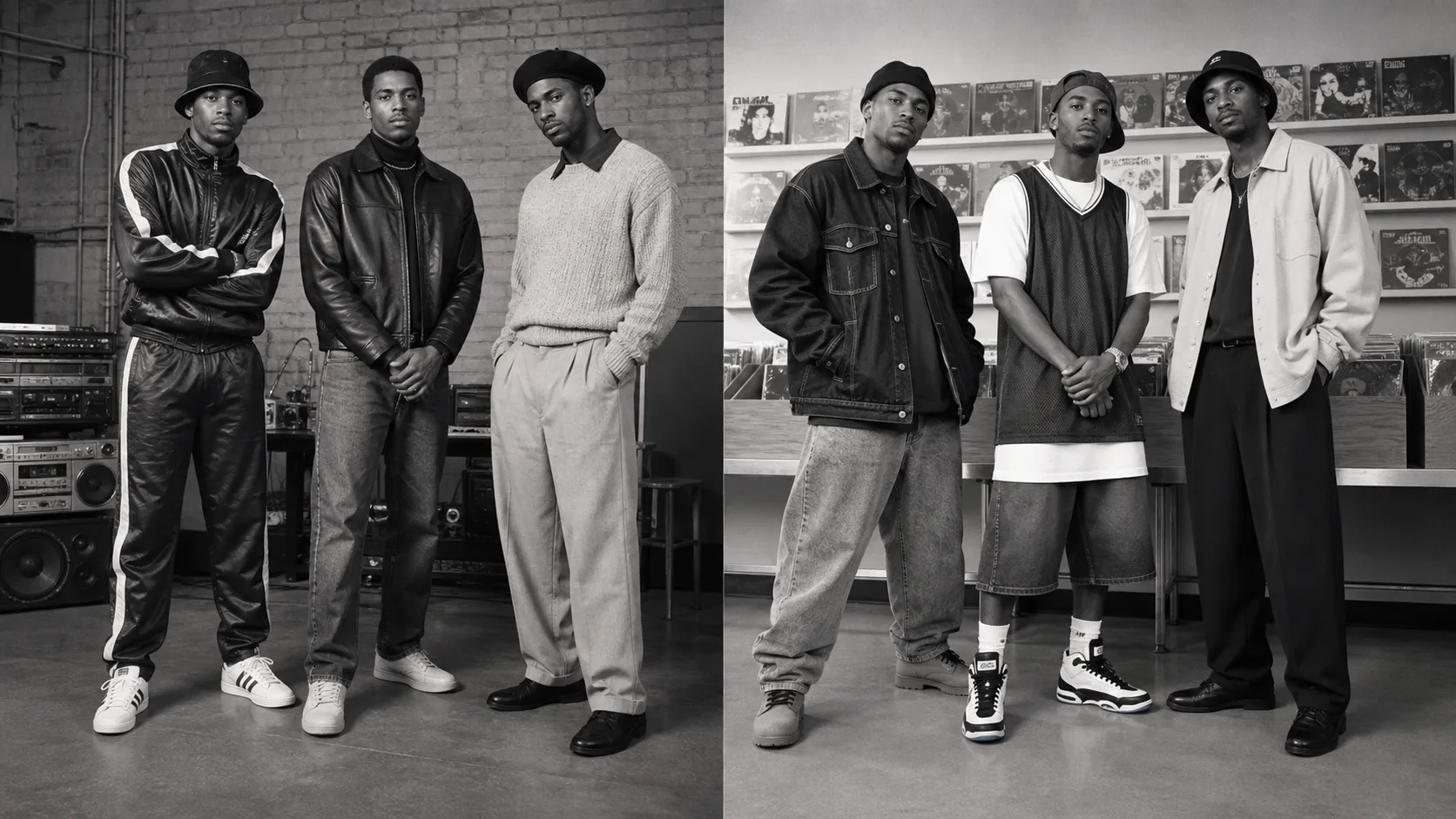1980s versus 1990s hip-hop fashion comparison Illustrative split scene with three anonymous Black men in coordinated 1980s tracksuit, leather and knit looks beside three different men in 1990s workwear, jersey and relaxed overshirt looks