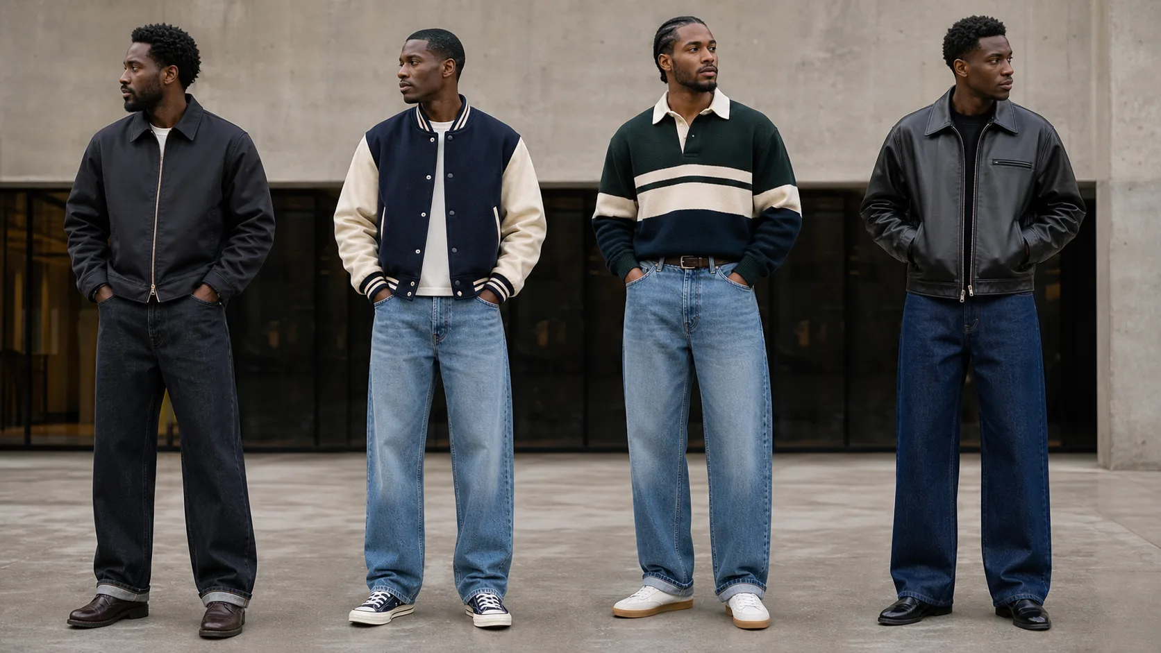 Four balanced 90s baggy jeans outfits for men Four anonymous Black men wearing loose dark jeans with work jacket, medium-wash baggy jeans with varsity jacket, relaxed jeans with rugby knit, and wide denim with leather jacket