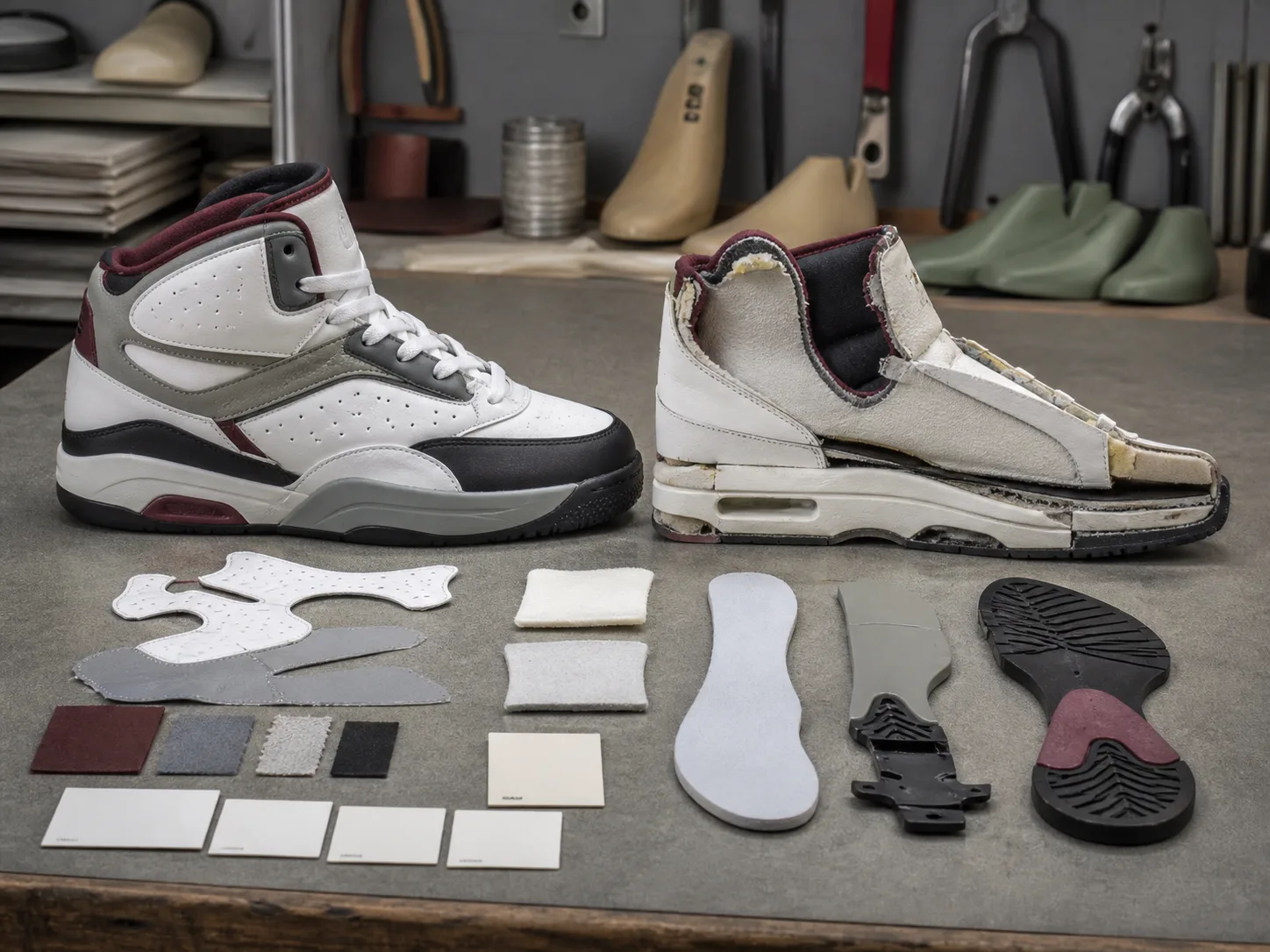 Original unbranded 1990s-inspired basketball shoe beside a cutaway showing padded collar, layered upper, cushioning cavity, shank and rubber outsole