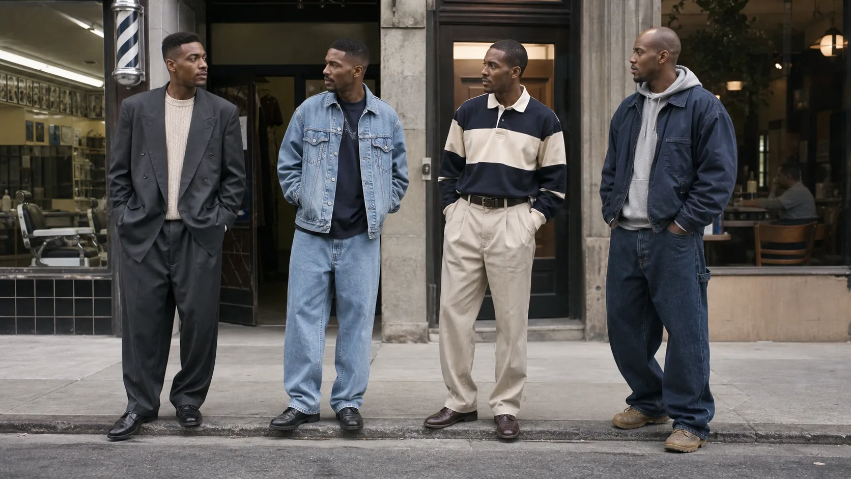 Everyday 1990s Black men's fashion across multiple settings Four anonymous Black men on a neighborhood street wearing a relaxed suit and knit, denim set, rugby shirt with chinos, and work jacket with hoodie and loose jeans
