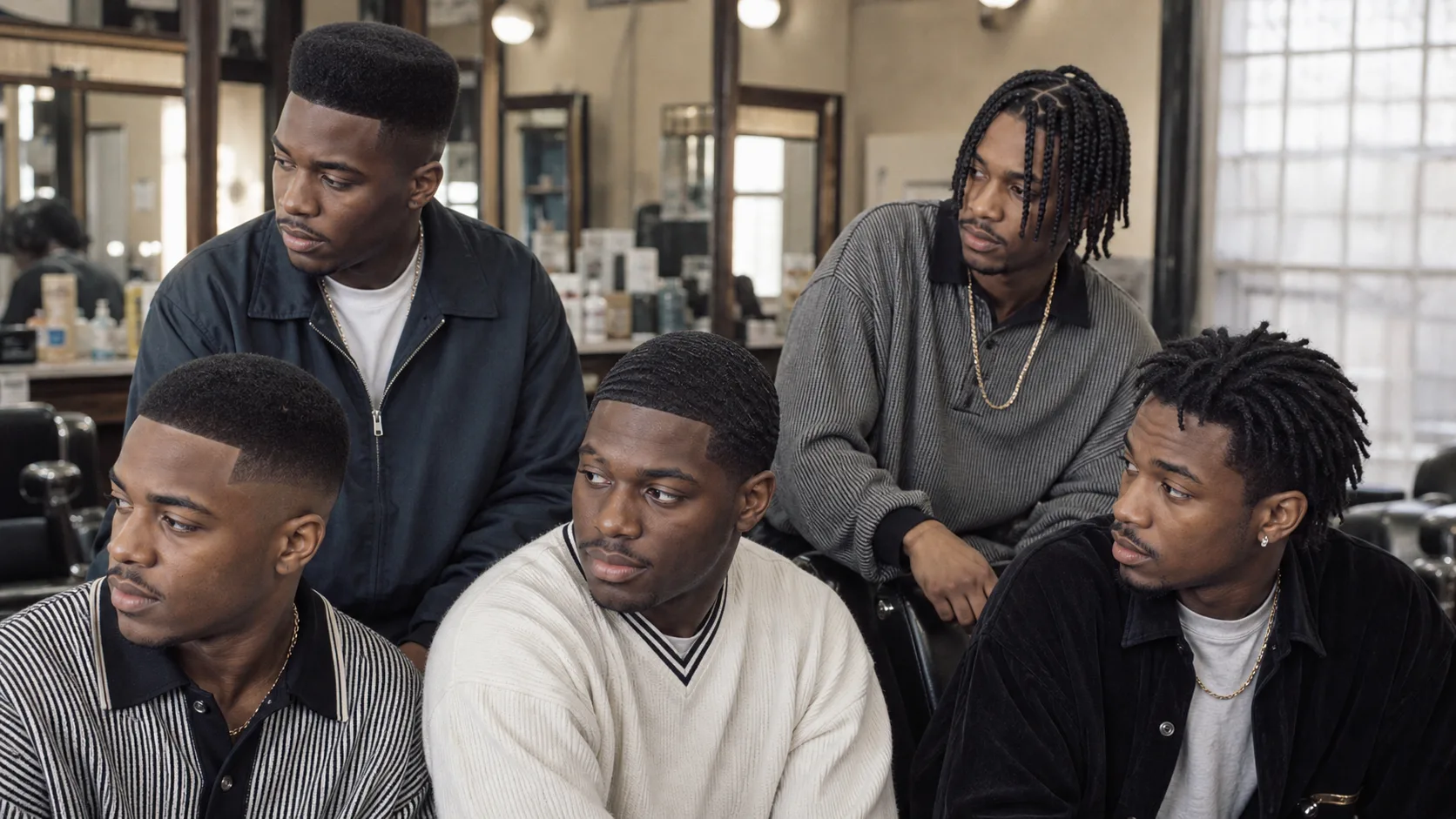 Range of 1990s Black men's hairstyles Five anonymous Black men in an illustrative 1990s barbershop with a low fade, high-top fade, waves, medium box braids and short locs