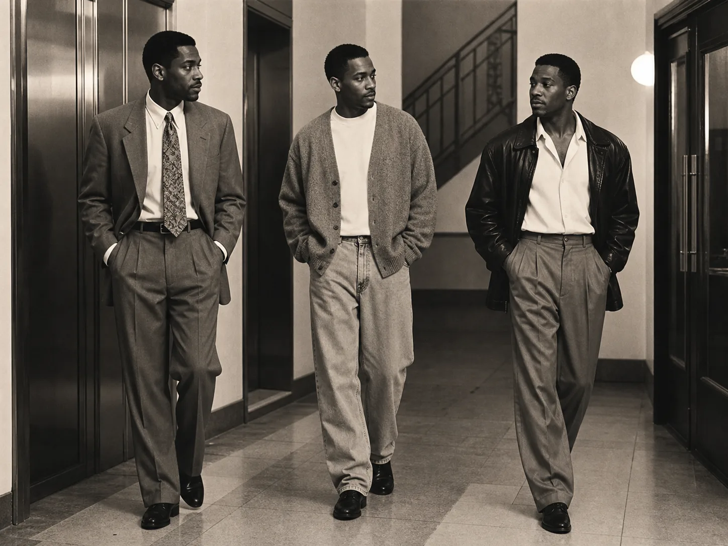 1990s Black men's work, weekend and evening outfits Three anonymous Black men in a 1990s lobby wearing soft office tailoring, a cardigan with relaxed jeans, and leather jacket with open-collar shirt and pleated trousers