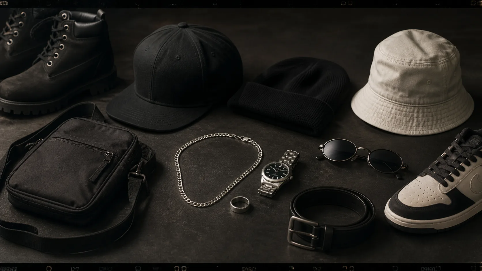 Types of 1990s hip-hop accessories Illustrative flat lay with plain cap, knit cap, bucket hat, modest chain, ring, watch, oval glasses, belt, utility bag, boot and retro sneaker