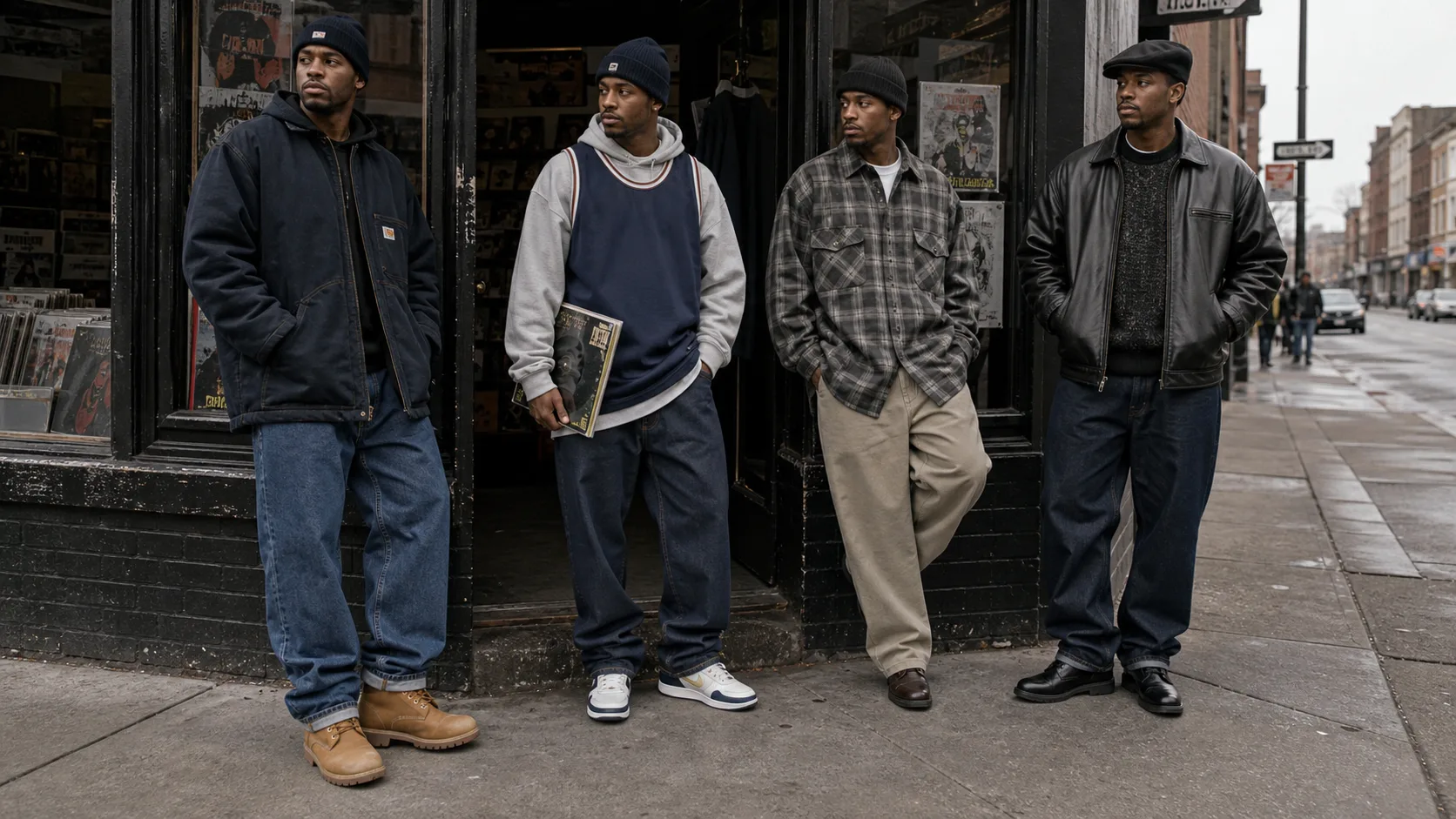 Range of 1990s hip-hop fashion for men Four anonymous Black men outside a 1990s record shop wearing a work jacket with baggy jeans, layered jersey, relaxed plaid overshirt and leather jacket