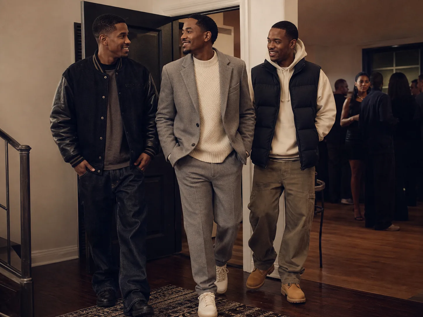 Three Black men arriving at a 90s party wearing a varsity jacket with denim, relaxed suit with knit and puffer vest with cargos