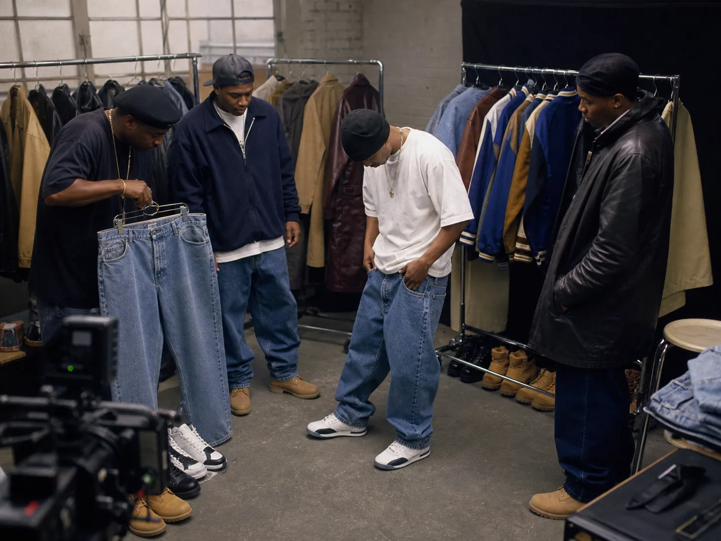 Editorial reconstruction of Black male stylist and fictional performers reviewing wide jeans leather coats varsity jackets boots and sneakers in a 1990s video wardrobe studio