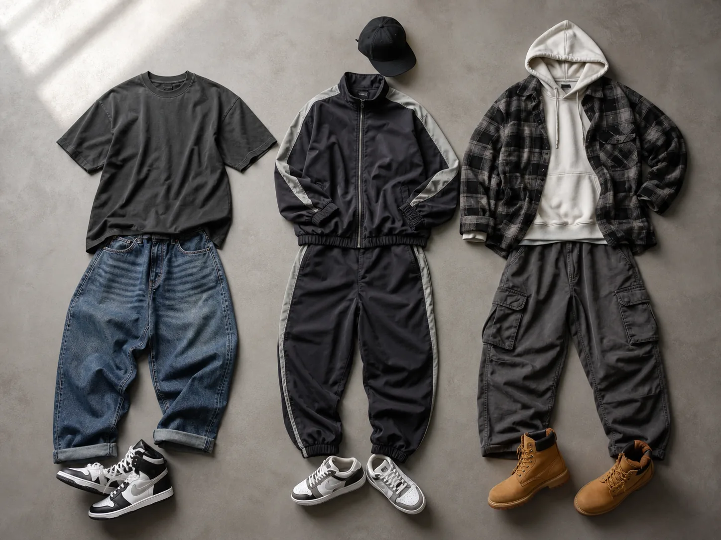 Three 90s men's outfit formulas with baggy denim and tee, coordinated tracksuit, and flannel hoodie cargos with boots
