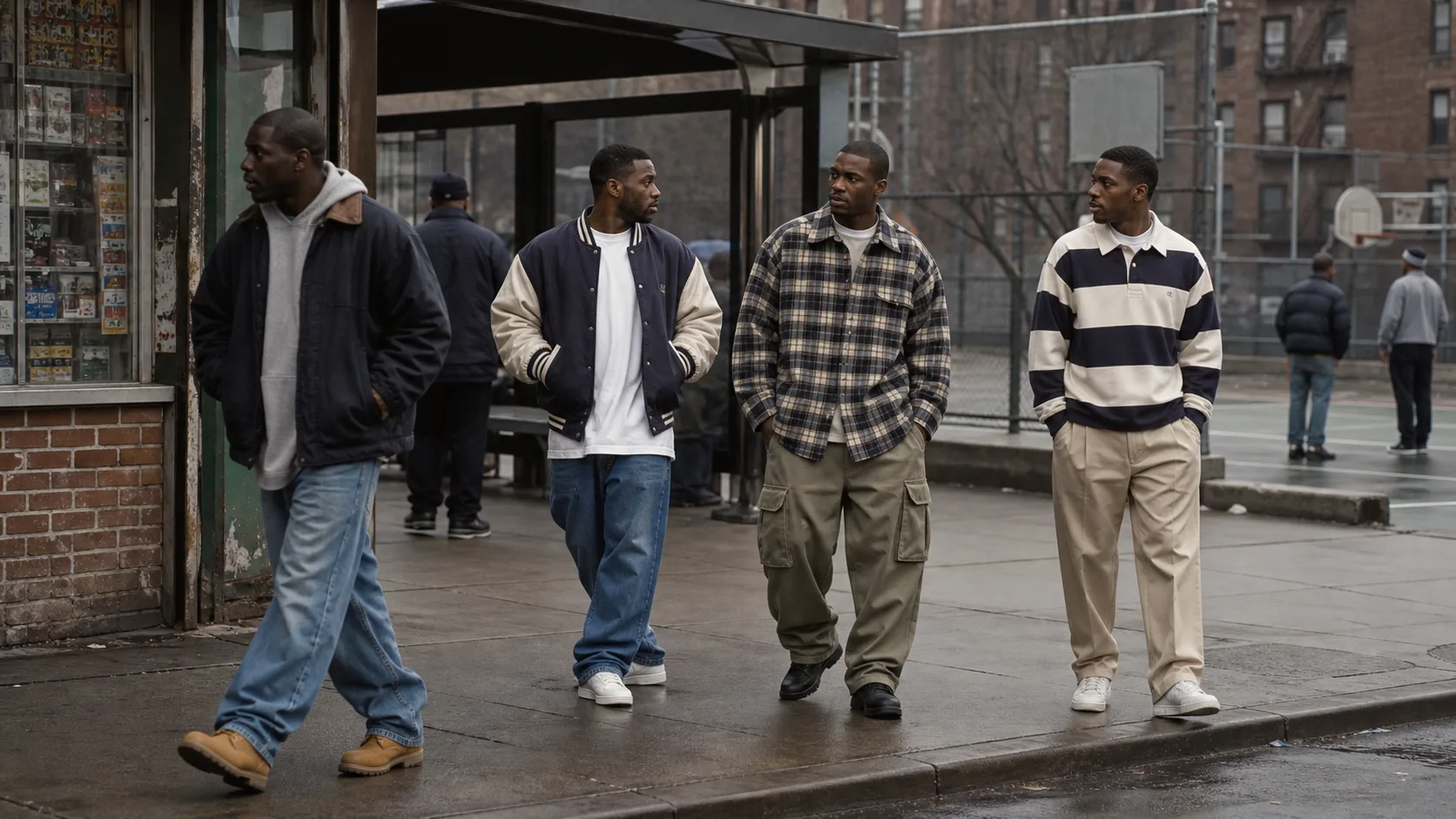 Practical 1990s streetwear outfits for men Four anonymous Black men on a 1990s city block wearing work jacket and hoodie, varsity jacket, plaid overshirt with cargos, and rugby shirt with chinos