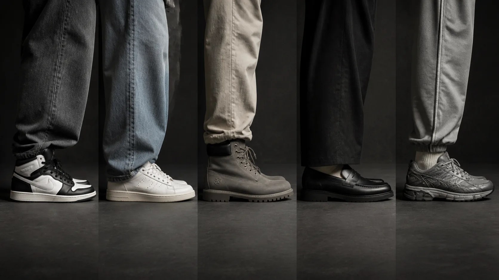 Best shoe types for men's 90s-inspired outfits Five unbranded footwear silhouettes including retro basketball sneaker, clean low-top, sturdy boot, substantial loafer and technical runner under different trousers