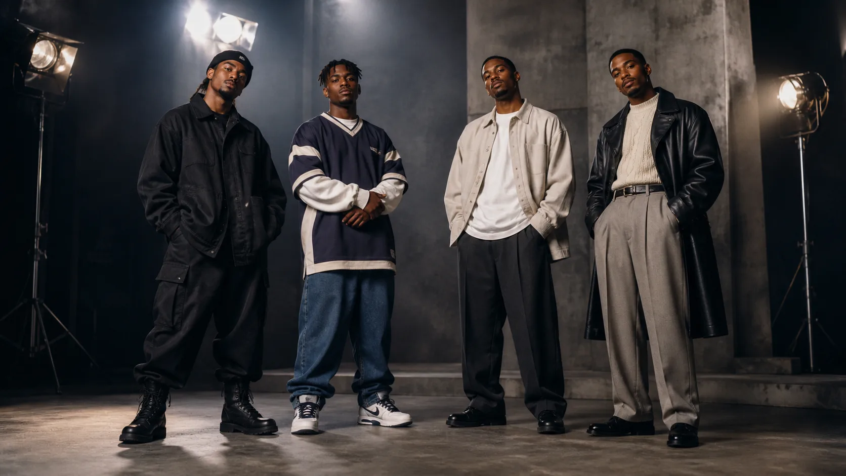 Four 1990s rapper outfit archetypes Four anonymous Black male performers on a fictional 1990s soundstage wearing dark workwear, layered sports jersey, relaxed overshirt, and leather coat with pleated trousers