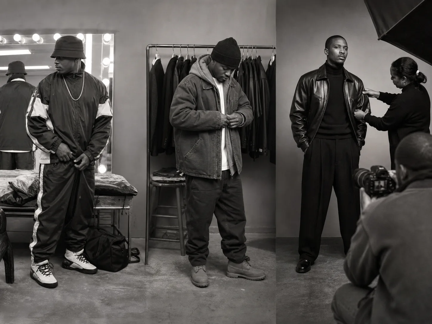 Fictional 1990s wardrobe studio with three anonymous Black performers preparing sportswear, workwear and leather looks while a stylist adjusts a sleeve