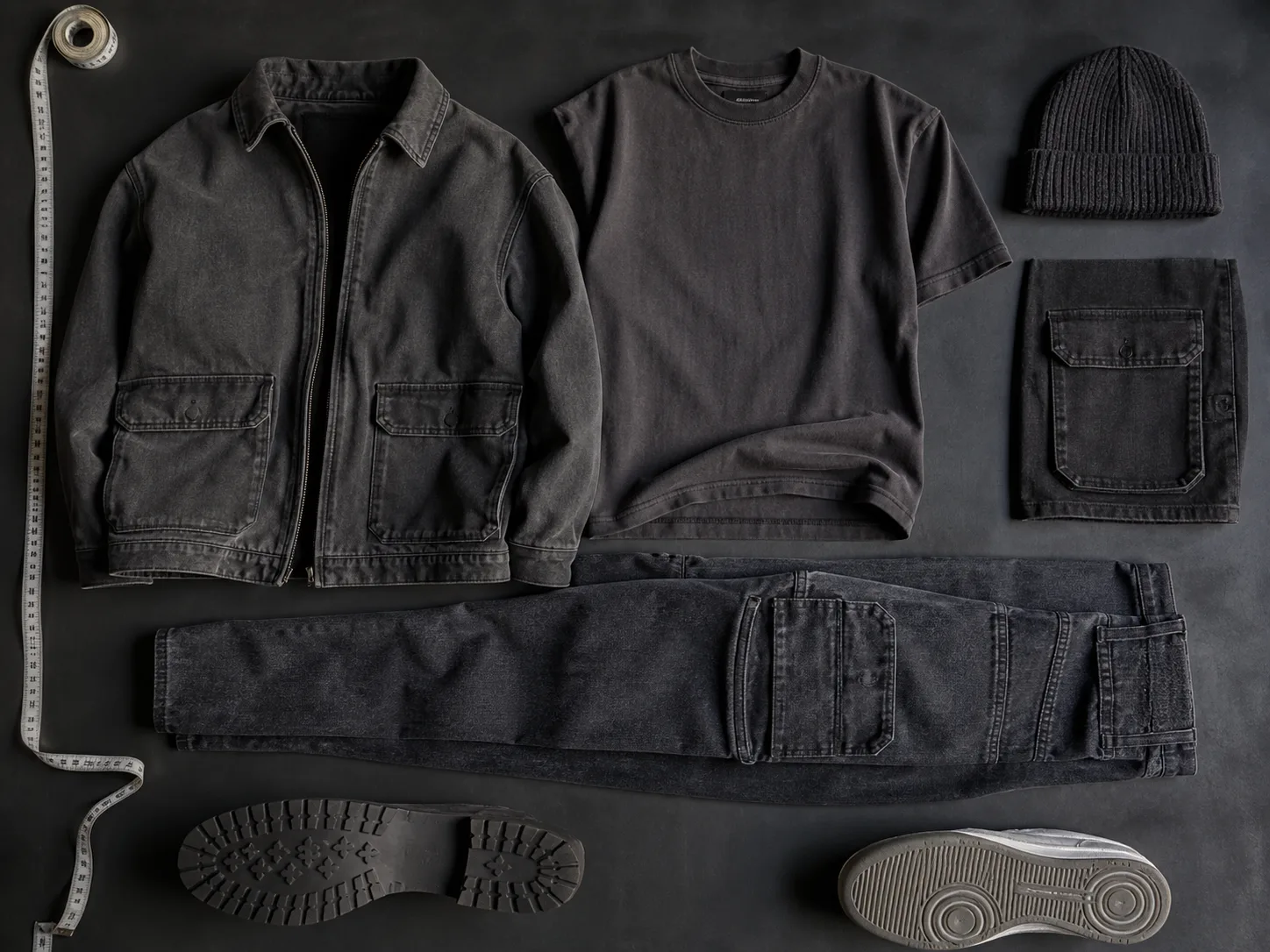 Construction and proportions of 1990s men's streetwear Overhead flat lay of unbranded dark work jacket, heavyweight tee, cargo and denim details, knit cap, measuring tape, boot sole and sneaker sole
