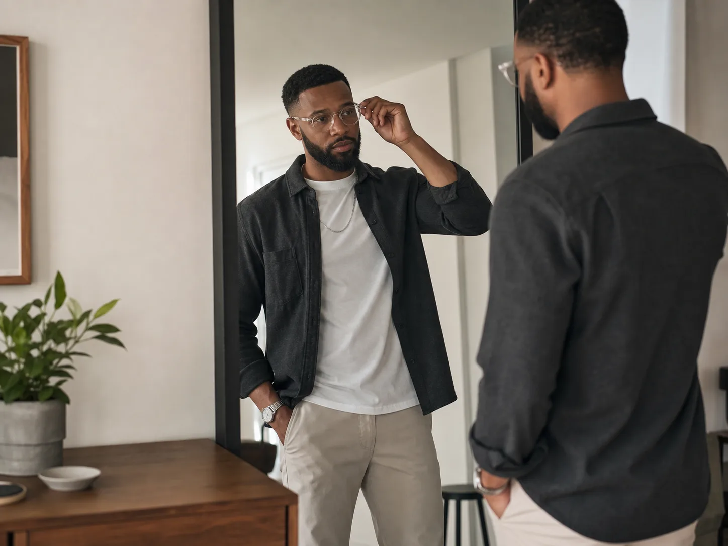 Black man at mirror adjusting clear glasses with slim silver chain and watch over white tee and charcoal overshirt