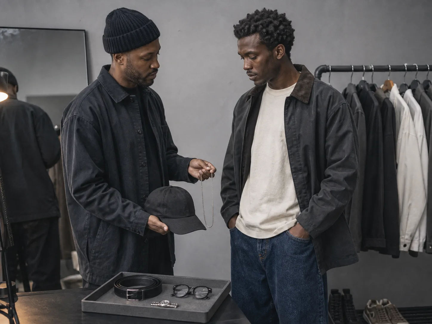 Editing accessory scale for a 90s-inspired outfit Anonymous Black male stylist comparing a plain cap and modest chain for a model in work jacket, tee and relaxed denim
