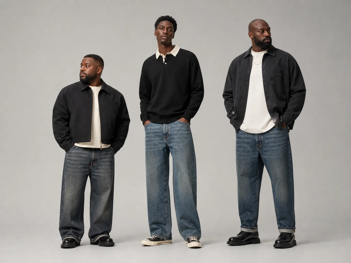 Adapting baggy jeans outfits for different men's proportions Three anonymous Black men of different heights and builds wearing balanced loose denim with compact jacket, rugby knit, and open overshirt