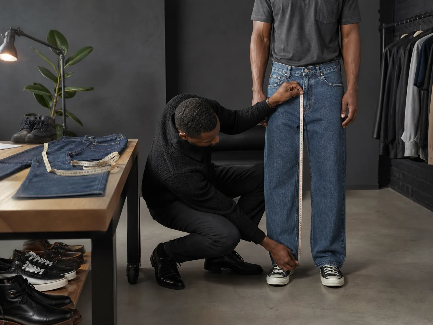 How to measure and fit baggy jeans Anonymous Black menswear fitter measuring the rise and inseam of securely worn loose jeans with a reference pair and several shoe types nearby
