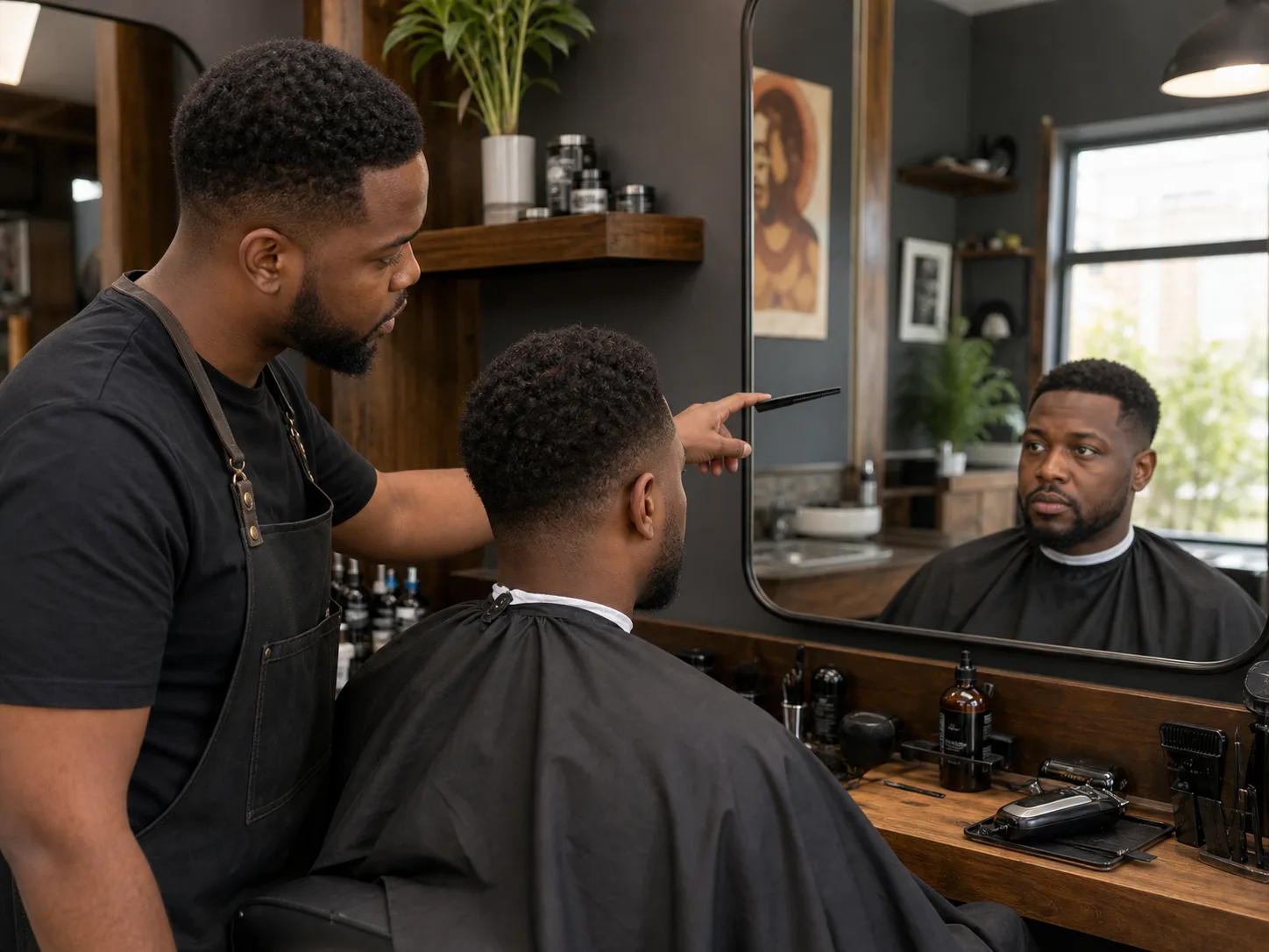 Black men's barber consultation for texture and hairline Black barber using a comb to discuss the side and back shape of a client's short coily taper in a mirror