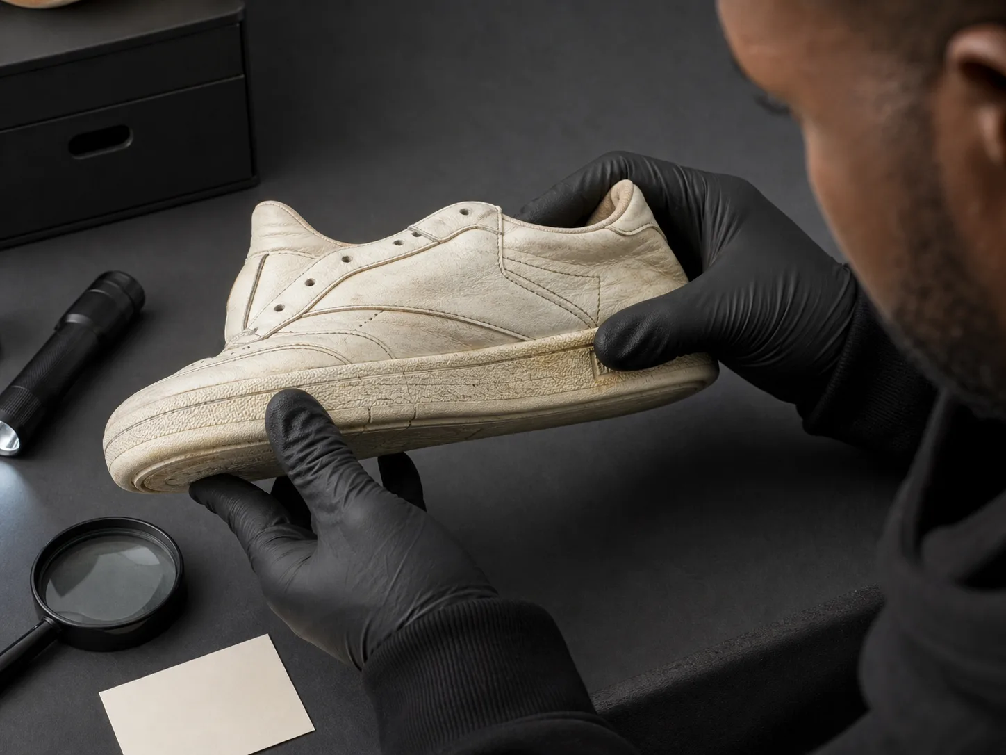 Vintage sneaker condition and wearability inspection Anonymous Black collector wearing gloves while inspecting an unbranded vintage sneaker for midsole cracks, sole separation and lining damage