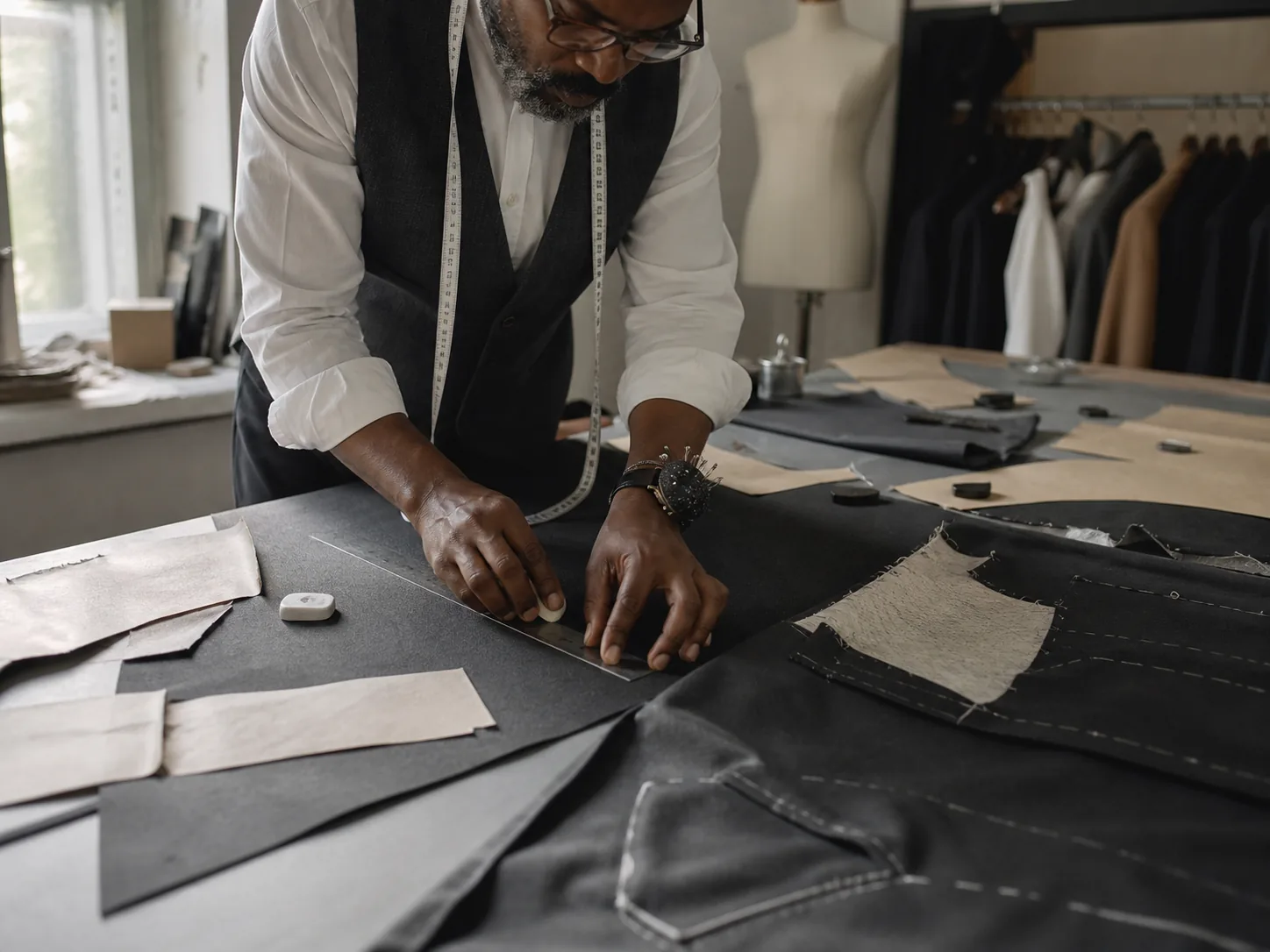 Black male fashion designer measuring charcoal wool and marking an unfinished tailored jacket at a cutting table