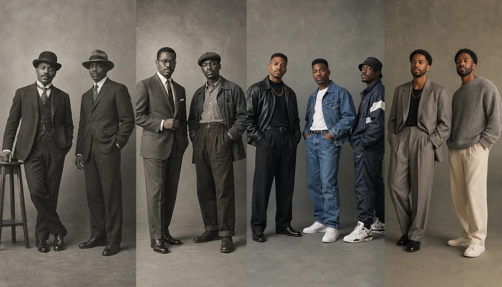 Editorial reconstruction of Black men's fashion history Editorial reconstruction of fictional Black men in early suits, mid-century tailoring and workwear, late-century leather denim and sportswear, and contemporary relaxed clothing