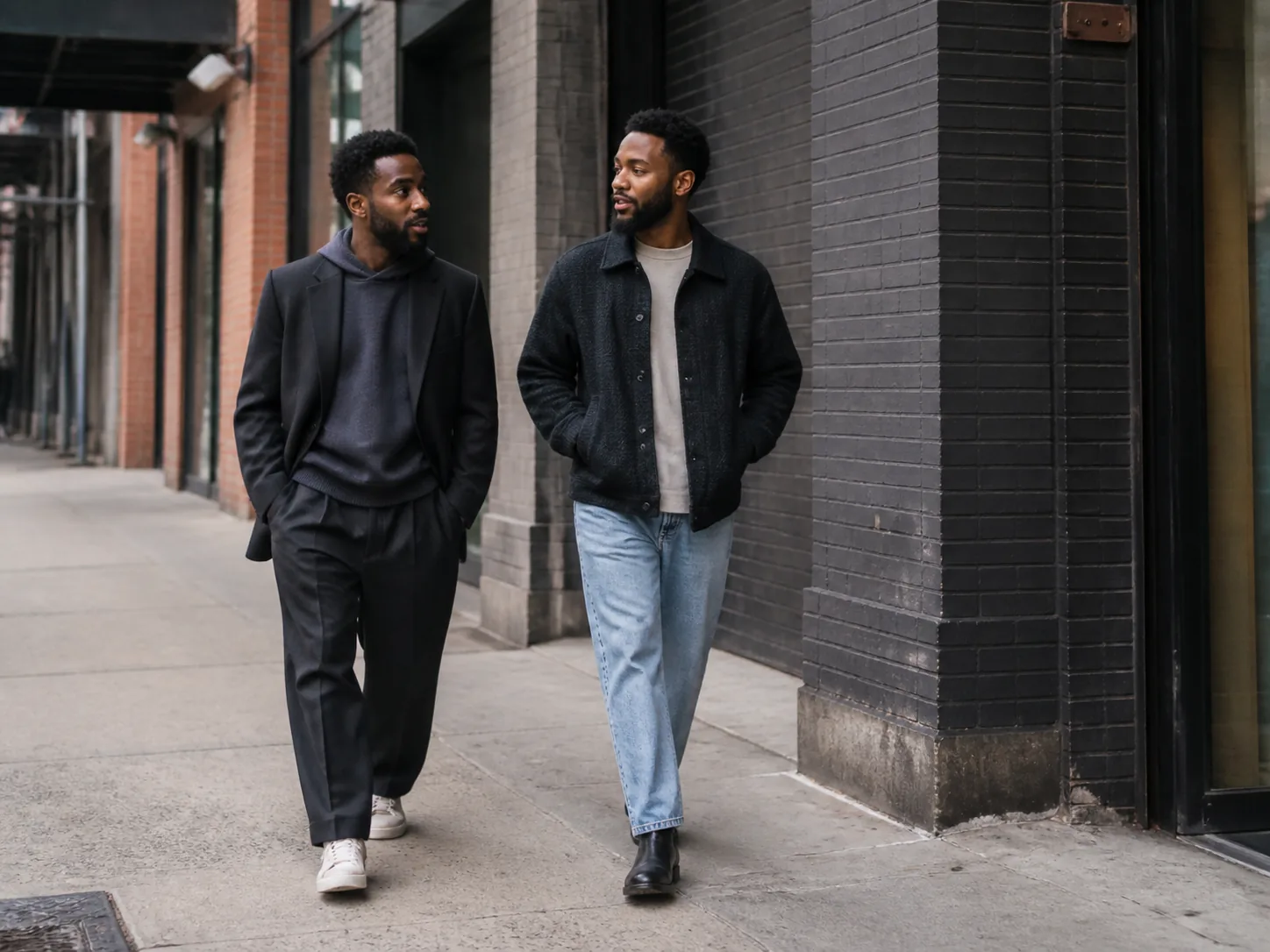 Two Black men walking in a city wearing relaxed dark tailoring, a textured jacket, straight denim, sneakers and boots