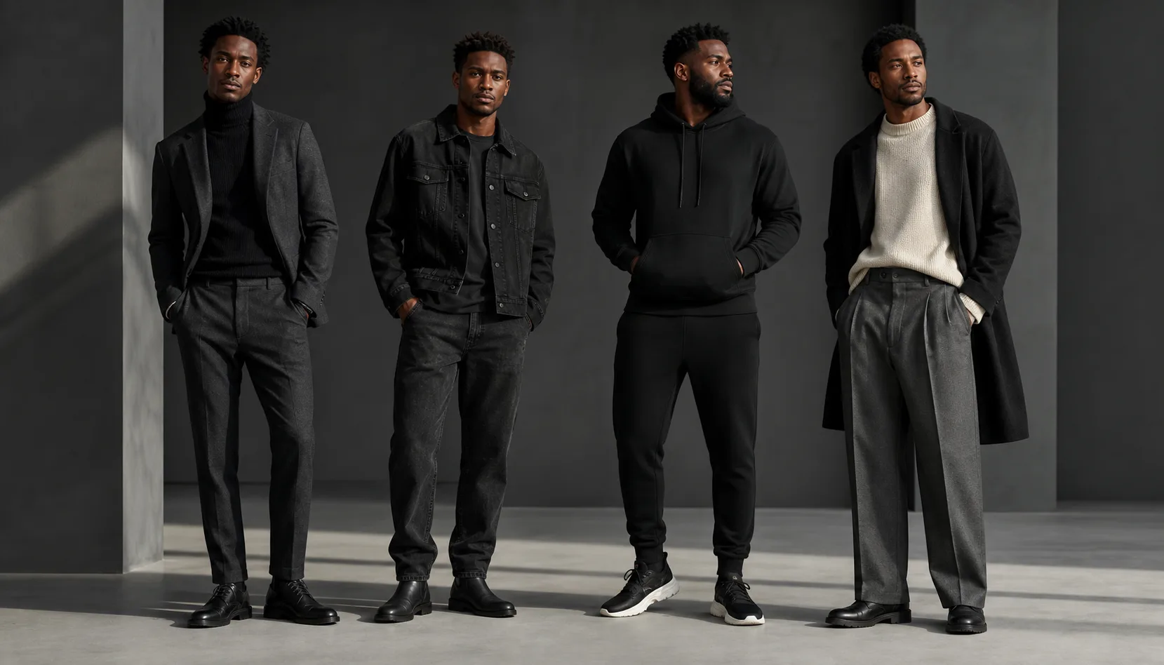 Four directions in contemporary Black men's fashion Four Black men wearing soft charcoal tailoring, washed black denim, monochrome sportswear and cream knit with gray trousers and dark coat