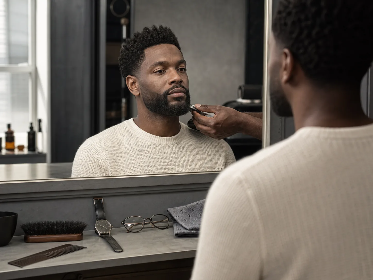 Black man receiving a precise beard line-up at a barbershop mirror beside a watch, eyeglasses, comb, brush and pocket square