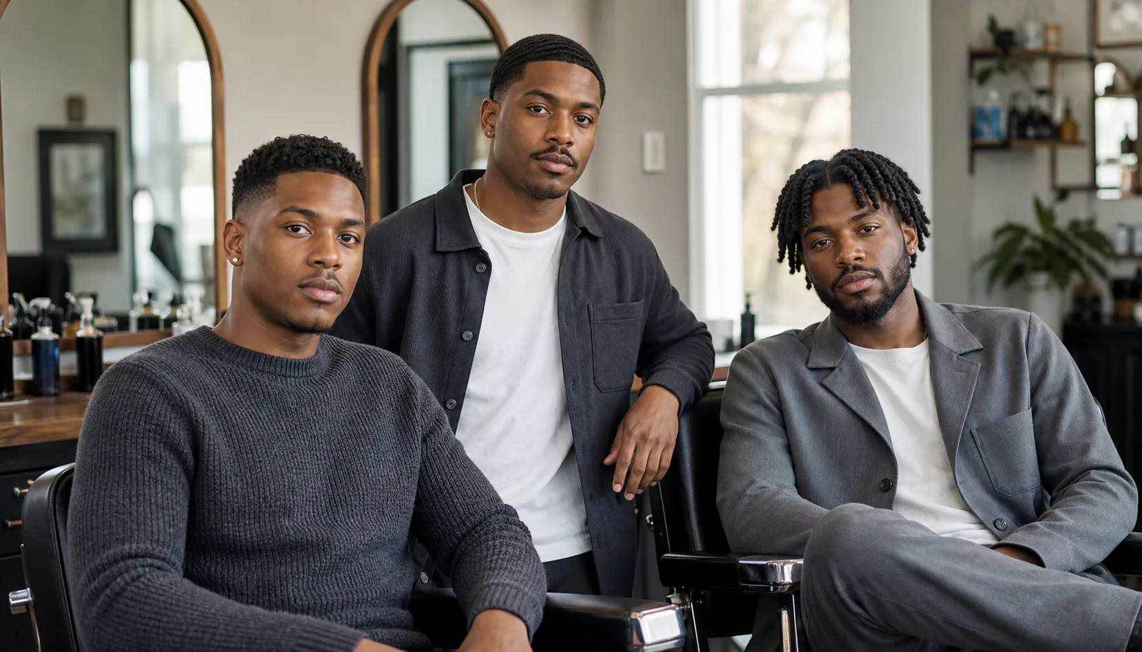 Black men's varied grooming styles and gray outfits Three Black men with short natural taper, waves and mustache, and medium twists with beard wearing deep-gray menswear in a barbershop