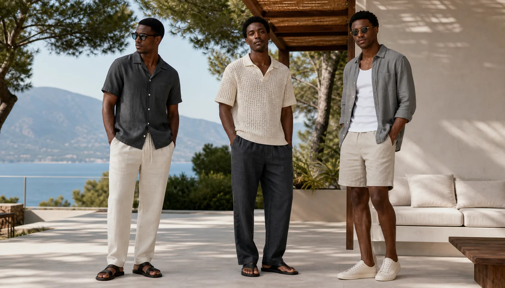 Black men's breathable summer outfit ideas Three Black men wearing charcoal linen shirt with cream trousers, cream open-knit polo with dark trousers, and gray overshirt with stone shorts on a shaded terrace