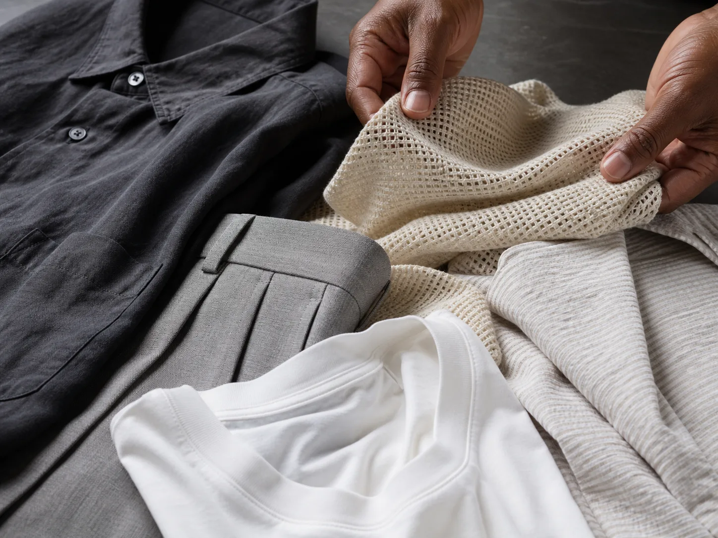Breathable fabrics for men's summer outfits Hands comparing charcoal linen, cream open-weave knit, gray tropical-wool trousers, white cotton tee and stone seersucker fabric